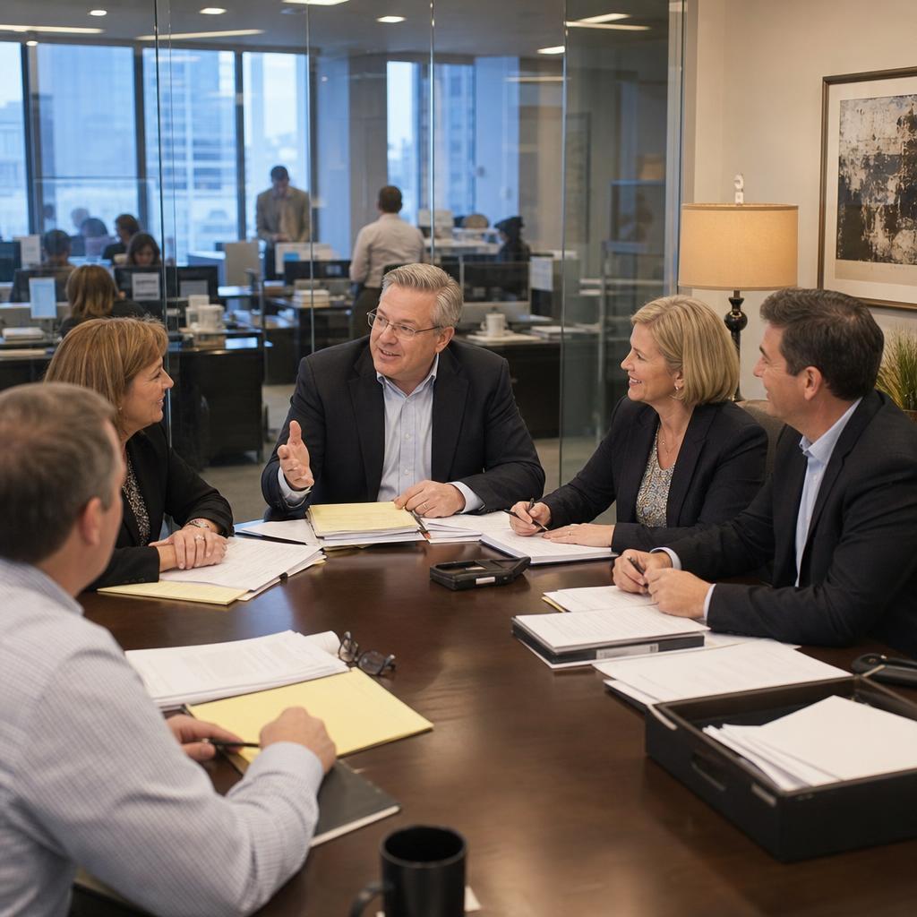 Established accounting firm partners meeting in a corporate office
